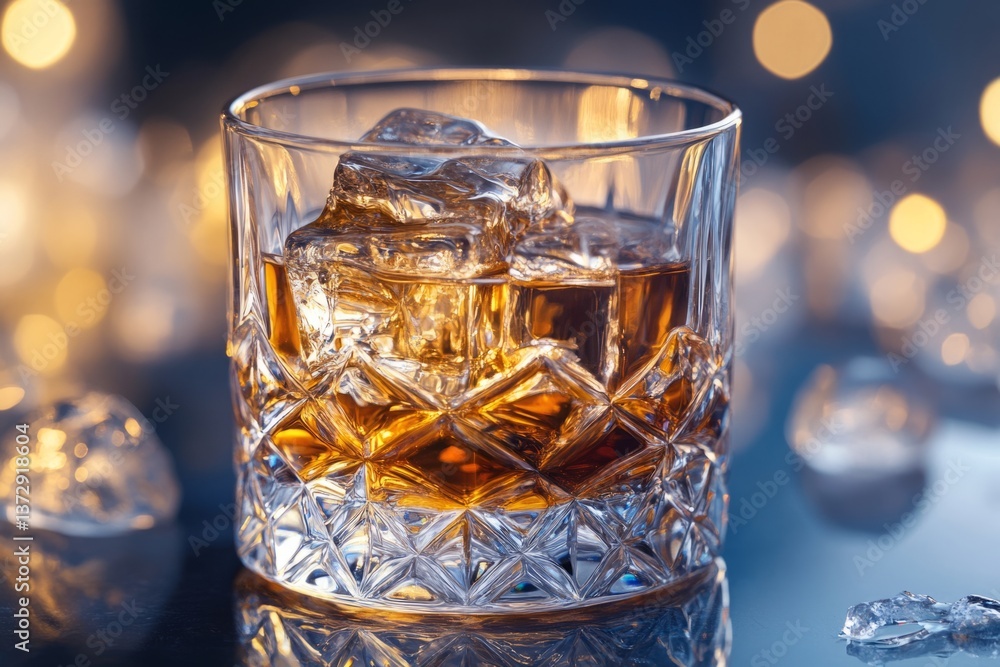 Poster whiskey with ice cubes in a crystal glass reflecting warm bokeh lights, creating a sophisticated and