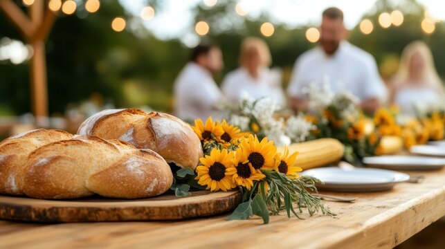 An appealing display of freshly baked artisan bread paired with delightful sunflowers, set in an outdoor environment that radiates warmth and connection amongst loved ones.