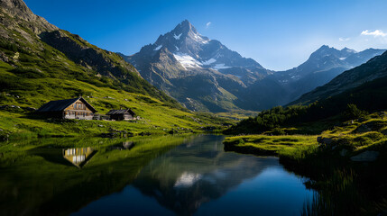 Fototapeta premium A cozy alpine hut with a small wooden deck, surrounded by blooming flowers and a stunning view of the valley below.