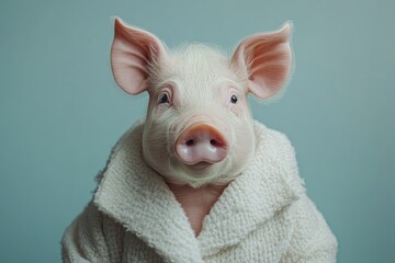 Fototapeta premium Adorable piglet wearing a white, fluffy bathrobe, creating a humorous and charming scene