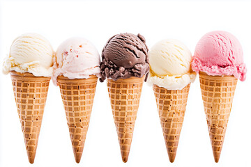 row of five ice cream cones, each with a different flavor. The cones are lined up next to each other, creating a visually appealing display