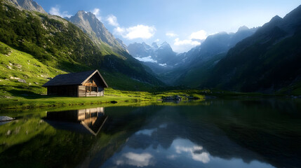 Fototapeta premium A cozy alpine hut with a small wooden deck, surrounded by blooming flowers and a stunning view of the valley below.