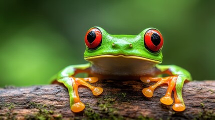 Fototapeta premium This captivating close-up showcases a red-eyed tree frog, highlighting its vibrant colors and unique features in a lush green background, representing biodiversity in nature.