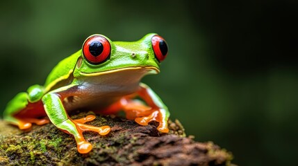 Fototapeta premium A stunning close-up of a red-eyed tree frog perched on a log, capturing its vibrant colors and intricate details, offering a glimpse into the rich biodiversity of its habitat.