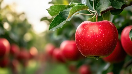 Obraz premium A perfectly ripe red apple glistening on a lush green tree branch, symbolizing nature's bounty and the freshness of organic produce in a picturesque orchard setting.