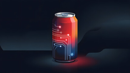 The Future of Refreshment: A sleek beverage can featuring an integrated circuit design, positioned on a dark, atmospheric background, symbolizing innovative technology.