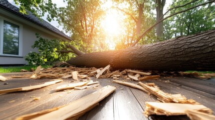 A fallen tree lies across a deck, demonstrating the power of nature's forces while inviting reflection on the unexpected events that can disrupt daily life.