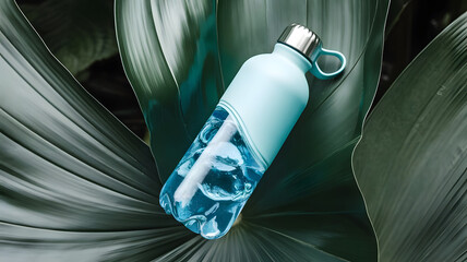 Refreshing Hydration: A stylish water bottle, filled with ice and cool water, rests on a backdrop of vibrant, lush green leaves, symbolizing freshness and health.