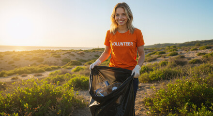 A young woman in an orange volunteer shirt collects trash outdoors
