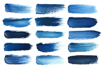 Five brushstrokes of blue paint in different shades are displayed on a white background, creating a gradient effect