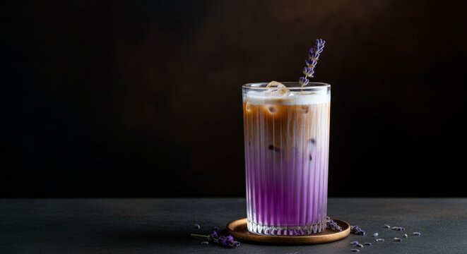 Lavender iced latte with gradient layers and lavender sprig garnish