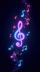 Neon treble clef with glowing musical notes swirling in harmony on a dark background