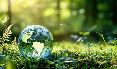 Transparent globe resting on lush grass in a sunlit forest, symbolizing Earth, nature, and sustainability. Ideal for eco campaigns, Earth Day, and environmental awareness content