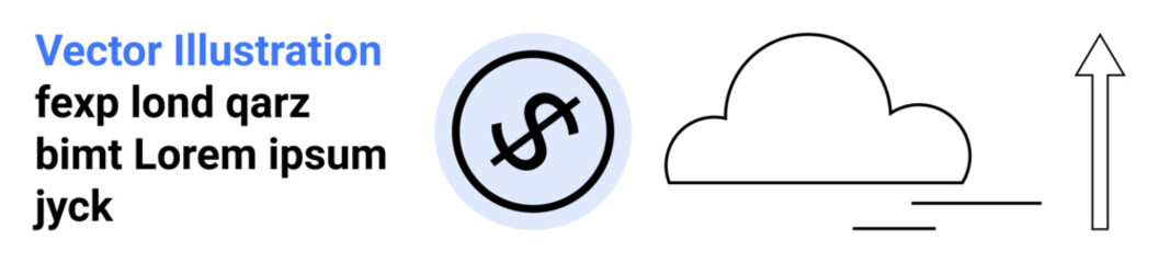 Dollar coin in a circle, minimalistic cloud, and upward arrow. Ideal for finance, growth, success, progress, innovation, investment simple landing page