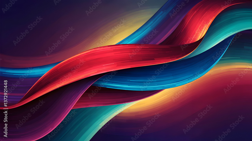 Poster abstract wave of color: dynamic, flowing ribbons of vibrant hues intertwine, creating an eye-catchin
