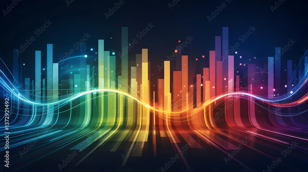 Poster vibrant sound spectrum: a stunning visual representation of sound waves, pulsating with a kaleidosco