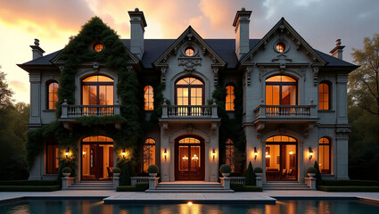 Elegant mansion with manicured vines, glowing windows reflecting the sky, and a serene pool in the foreground during golden hour.
