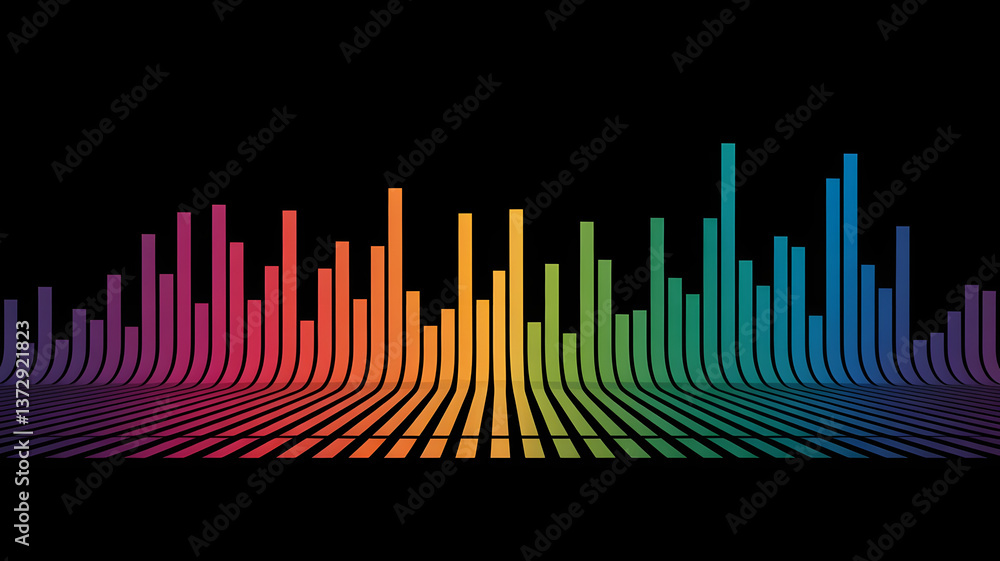 Poster audio spectrum of colors: a vibrant audio spectrum visualization, pulsating with a full spectrum of 