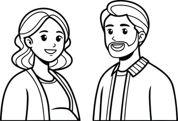 Outline Drawing of Smiling Pregnant Woman and Bearded Man with Transparent Background