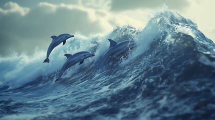 Fototapeta premium Graceful dolphins surfing the waves in the deep ocean image