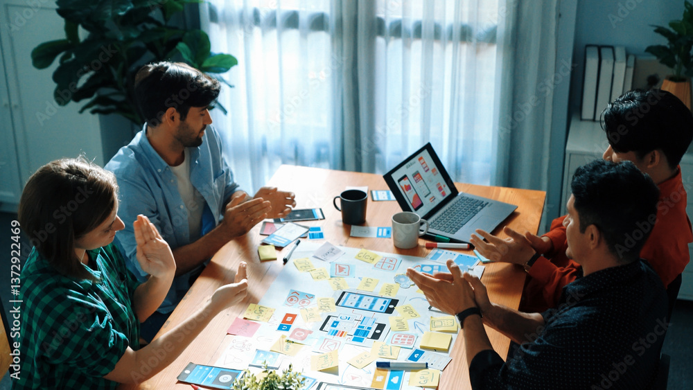 Poster top view of business team brainstorming idea by using mind map while clapping hand together. people 