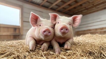 Charming image of two cute piglets lying comfortably in a bed of hay, showcasing their adorable features and playful demeanor in a serene barn environment.