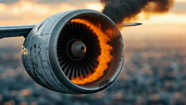 Close Up of Jet Engine Flames and Smoke Showcasing Aviation Power and Turbine Technology, Airplane crash aftermath theme.
