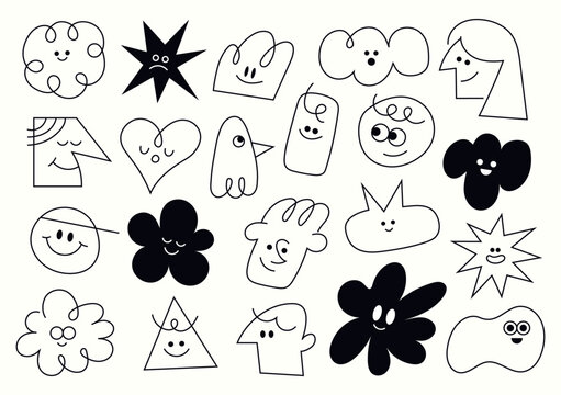 Set of basic faces and doodle elements. Fun hand-drawn characters. Isolated vector illustrations with outlines.