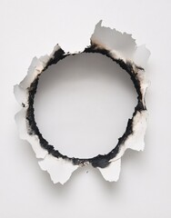 Burnt circular hole in white paper with singed edges on a blank background