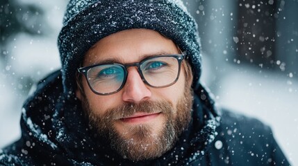 A stylish man wearing glasses and a black hat smiles amid a snowfall, beautifully capturing the essence of winter joy and comfort in the chilly outdoor setting.