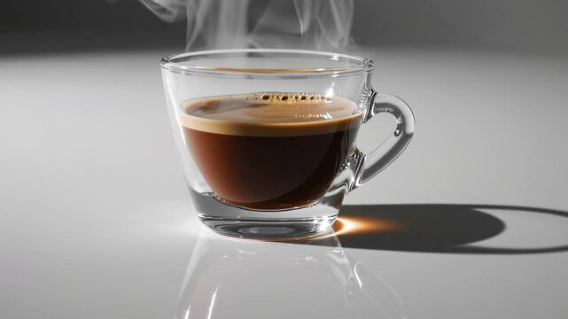 Hot coffee drink, espresso, doppio, lungo in a transparent cup. Studio shot with soft light. Steam over the cup, a fresh, invigorating drink.