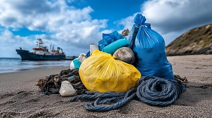 Trash bags and rope on sandy beach, environmental pollution awareness, Earth Day cleanup, coastal conservation challenges, ship background
