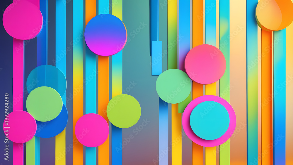 Poster abstract circles and stripes: a vibrant and colorful design of floating circles and vertical stripes