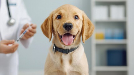 Veterinarian administering vaccine to puppy at animal clinic bright and inviting environment close-up view