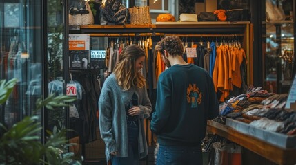 Couple Browsing Clothing at Indoor Shop with Relaxed Atmosphere