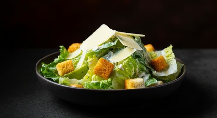 Fresh caesar salad with crisp romaine, parmesan cheese, and croutons in black bowl