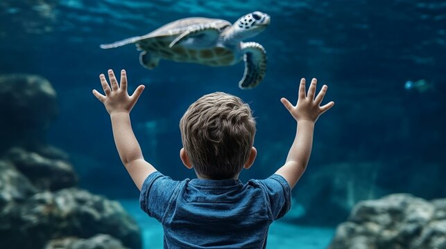 Young Caucasian boy marvels at sea turtle in aquarium, promoting ocean conservation and World Oceans Day awareness - Powered by Adobe