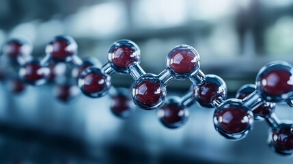 Abstract 3D molecular structure blue-red spheres, scientific biotechnology innovation concept, National Science Day, futuristic chemistry