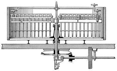 Spent grain chopper in brewery. Publication of the "Meyers encyclopedia", Vol. 7, Leipzig, Germany, 1910.