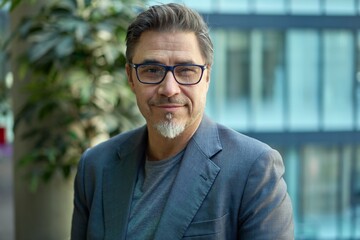 Obraz premium Middle aged confident businessman in business casual in office. Portrait of happy mid adult man in 50s, smiling, looking at camera.