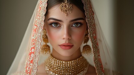 Beautiful portrait of a young woman adorned in traditional bridal jewelry, capturing elegance and cultural richness in a close-up shot.