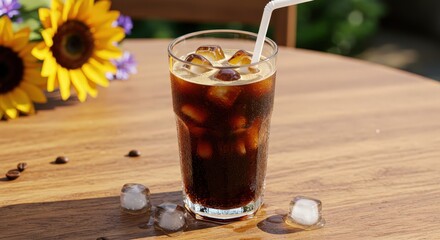 Iced Coffee Drink on table with sunflower. International Coffee Day. refreshing beverage for warm weather. Summer coolness and delicious caffeinated drink