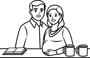 Line Art Young Couple with Pregnant Woman on Table with Mugs and Book