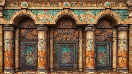Fototapeta premium Ornate building facade with arches columns and intricate carvings.
