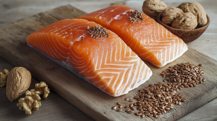 Fresh salmon fillets with walnuts and flaxseeds on wooden board create vibrant and healthy still life, showcasing nutritious meal option