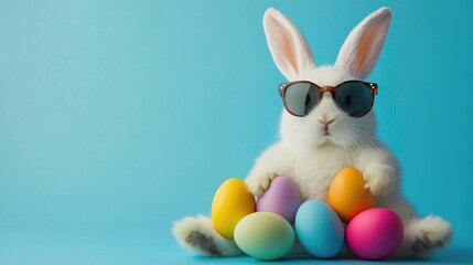 Fototapeta premium Charming white bunny in sunglasses seated with pastel Easter eggs on a bright blue background. Great for Easter promotions, greeting cards, and cheerful seasonal branding