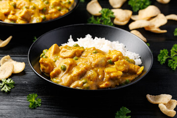 Chinese Chicken Curry with rice. Chinese take away food