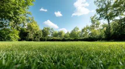 Obraz premium A picturesque view of a lush green field framed by vibrant trees under a bright blue sky filled with soft white clouds, evoking a serene natural atmosphere.