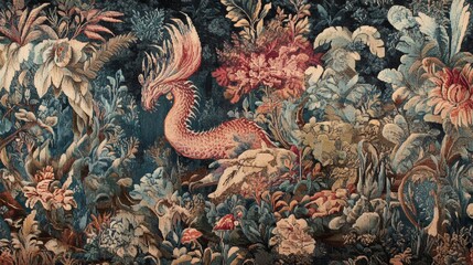 Fototapeta premium Tapestry featuring a mythical creature surrounded by dense foliage and