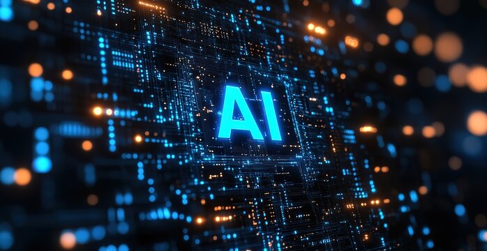 A blue - glowing AI logo in a tech - inspired background, highlighting the digital identity of artificial intelligence.